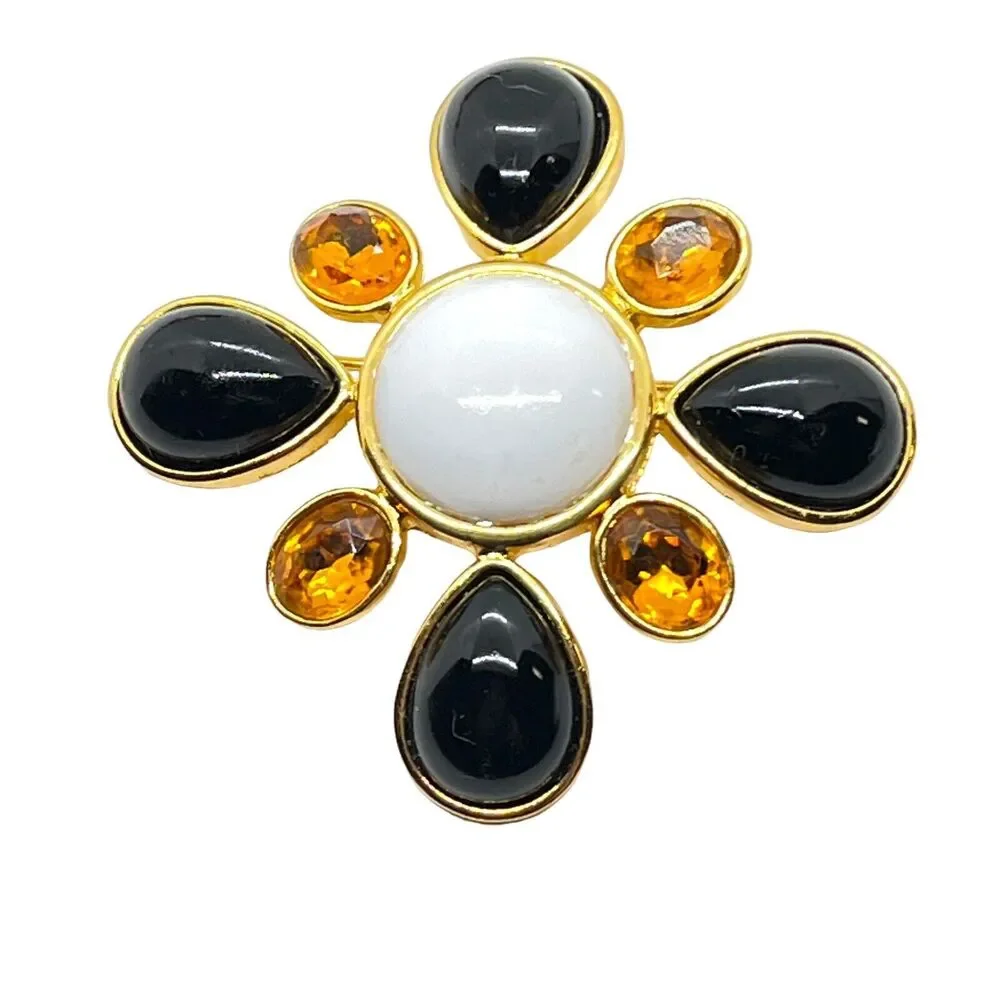 Joan Rivers Maltese Cross Brooch Pin Signed Large Black Faux Amber & Pearl Gems